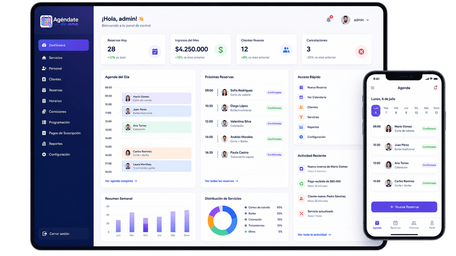 Dashboard de Agéndate de Una - Panel de gestión de citas y reservas